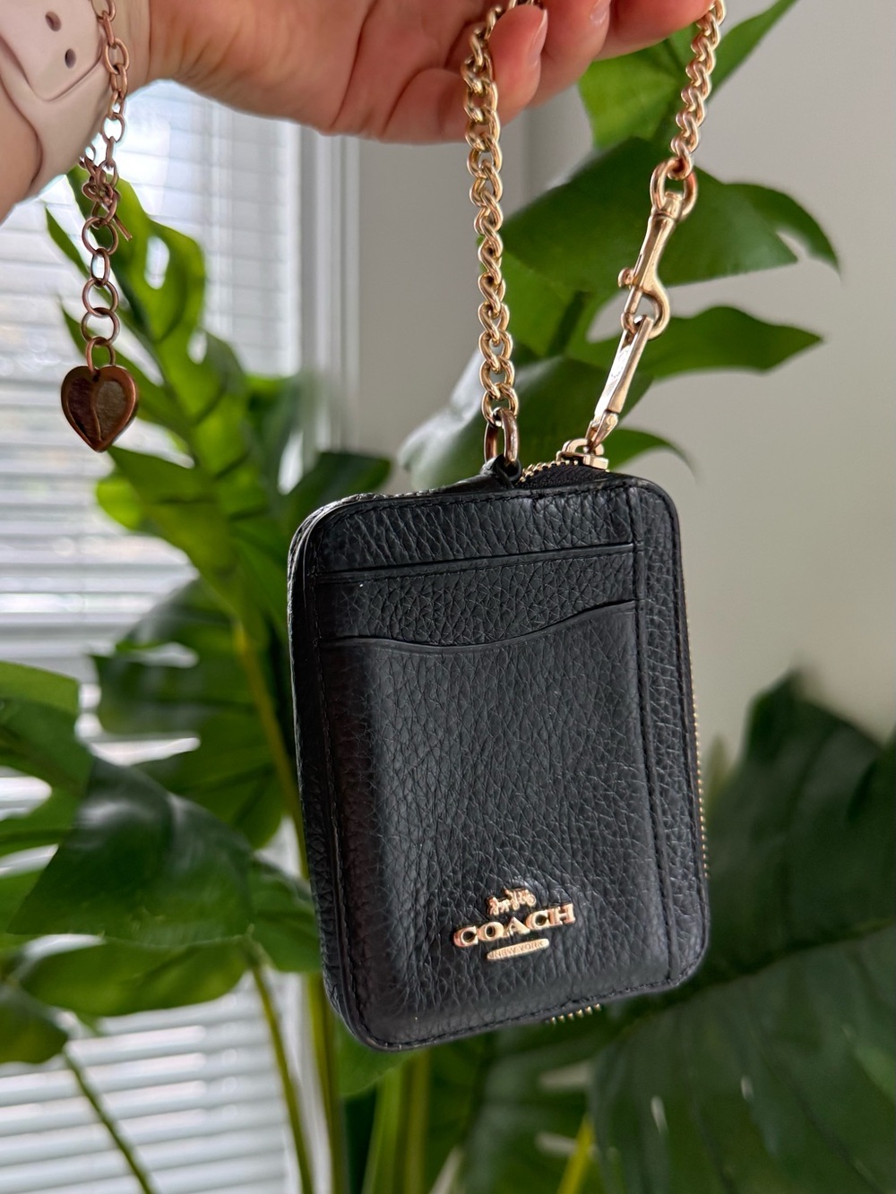 Coach Black Pebbled Leather Card Case Crossbody with Gold Chain